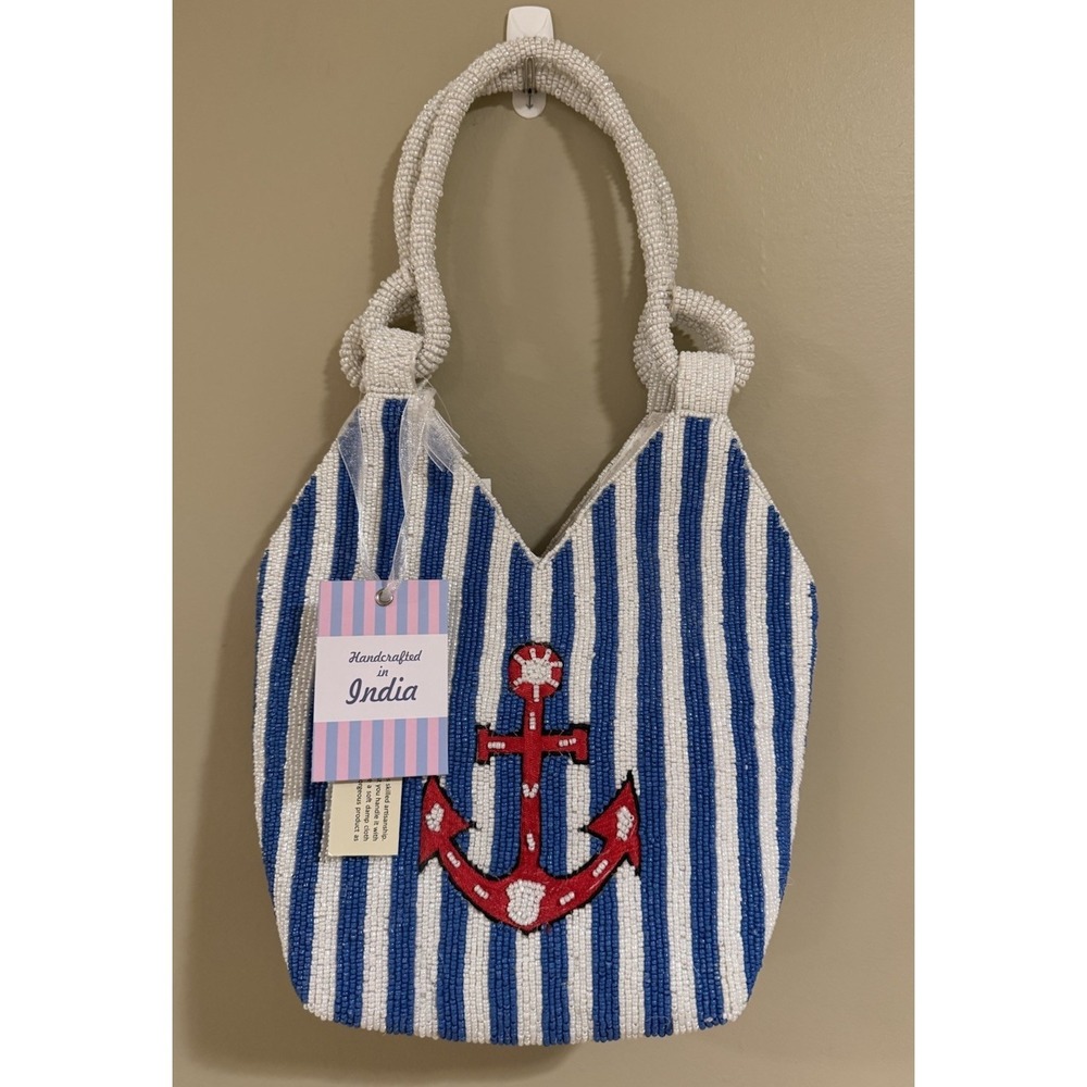 New! Release Handcrafted in India Blue And White Anchor Beaded Bag Viral TikTok